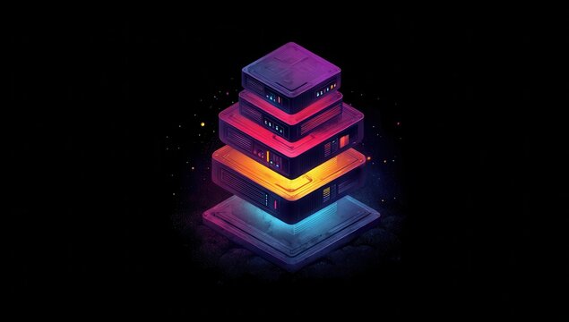 Stacked colorful server boxes on dark background