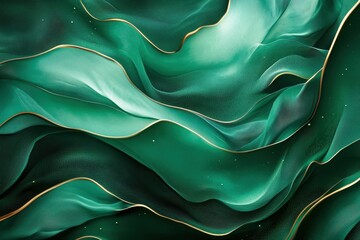 Emerald green fabric with golden outlines has elegant flowing textures. Use for backgrounds, luxury branding, or sophisticated design projects.