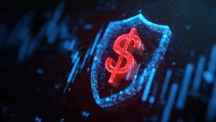 3D shield with dollar sign, financial data background