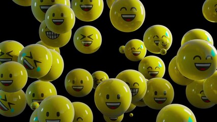 3d looping animation of laughing emojis. a fun and cheerful 3d animation of various yellow laughing emojis appearing and disappearing against a black background.