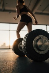 Naklejka premium Dumbbells on the floor in a modern gym, with an athlete blurred in the distance. Dynamic and motivating composition for sports themes.