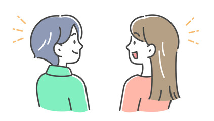 会話をしている若い男女の横顔のイラスト素材
