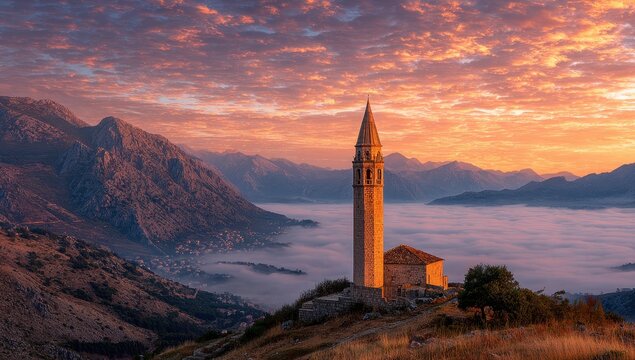 Steeped church tower at sunrise, misty valley