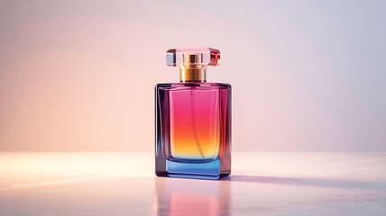 Elegant rectangular glass perfume bottle with a vibrant gradient of pink yellow and blue liquid inside illuminated by soft studio lighting