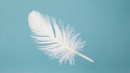 Obraz premium Delicate White Feather on Light Blue Background, Symbolizing Purity and Lightness, Minimalist Style