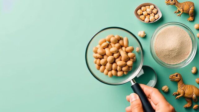Magnified exploration of soybeans with dinosaur toys on teal background