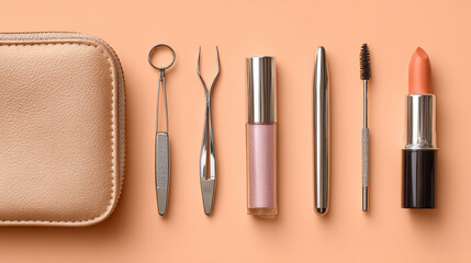 Flat lay of a mobile beautician's pouch: lash curler, tweezers, brow gel, and lipstick on peachy beige. stock image, hd quality