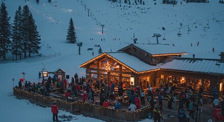 Mountain chalet at night, filled with people