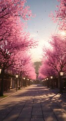 Fototapeta premium A breathtaking sunlit pathway through a tunnel of blooming pink cherry blossom trees, casting long shadows on a cobblestone street in a serene, scenic landscape