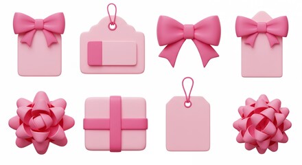 Pink gift tags and bows isolated on white