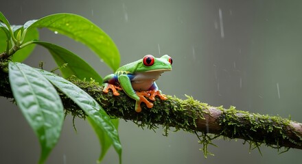 Vibrant red eyed tree frog perched on a mossy branch in the rain