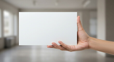 Close-up shot of hand holding white panel for text overlay, editorial style