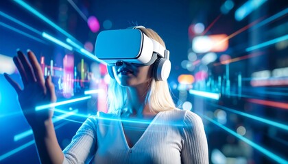 Woman in VR headset interacts with holographic data streams in a city at night