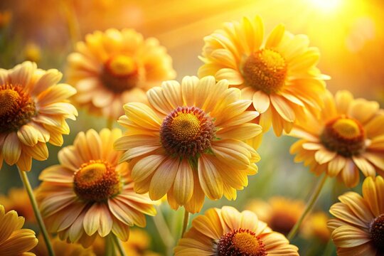 Closeup of vibrant yellow daisy flowers blooming in the warm golden sunlight of a summer garden, showcasing delicate petals and natural beauty - Powered by Adobe