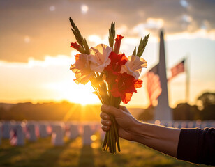 A hand holds a bouquet of flowers over a cemetery with monuments at sunset, honoring the deceased and creating a serene, commemorative scene.