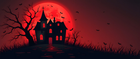 Manoir hanté avec lune rouge et arbres dénudés, ambiance mystérieuse