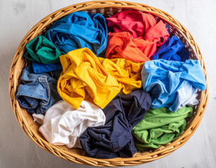 Top view of a wicker basket full of colorful clothes (blue, green, red, orange, yellow, white, and navy). Jeans are also visible.