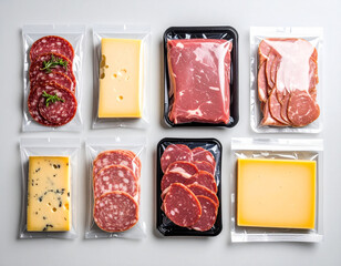 Assortment of vacuum-packed cheeses and meats, beautifully arranged.