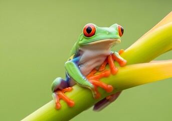 Obraz premium Vibrant red eyed tree frog perched on a green stem