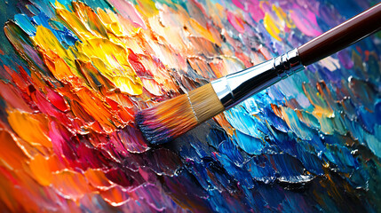 Fototapeta premium A colorful paintbrush with vibrant bristles resting on a wooden surface ready for creative work