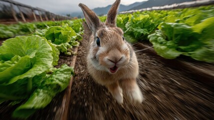 A playful rabbit hopping through a green vegetable garden.