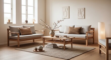 Elegant living room with cozy furniture and neutral tones for a sophisticated modern lifestyle
