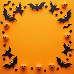 Composition circulaire de chauves-souris noires et citrouilles - Design Halloween effet papier découpé