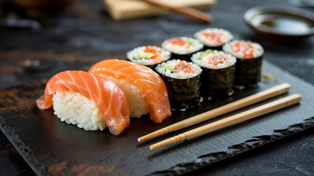 Delicious japanese salmon nigiri and maki sushi rolls presented artfully on a dark slate plate with chopsticks ready for enjoyment