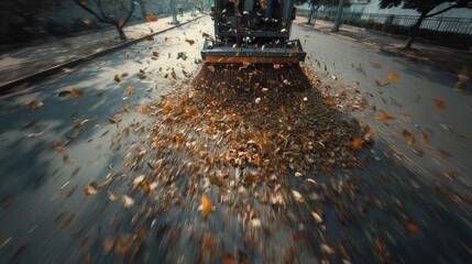 A street cleaning machine sweeping autumn leaves from the road.