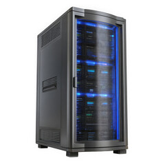 Fototapeta premium Modern black computer tower with blue led lighting and glass side panel isolated on transparent background