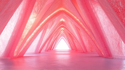 Abstract, futuristic, pink tunnel with glowing triangular structures.