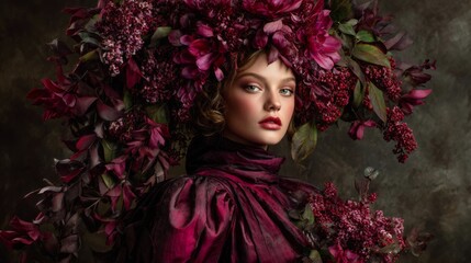 Woman portrait with burgundy flowers artistic floral headpiece fashion beauty photography