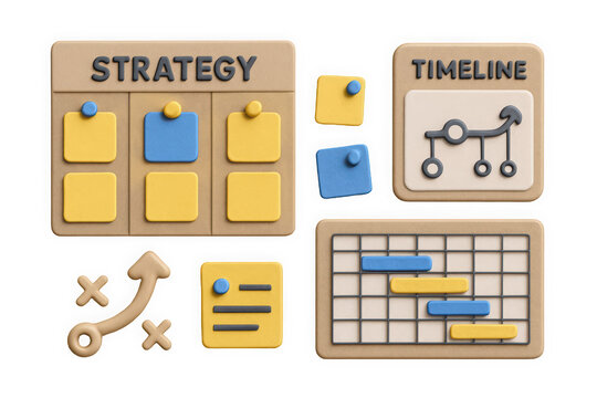 Colorful strategic planning boards showcasing strategy and timeline elements with yellow and blue highlights.