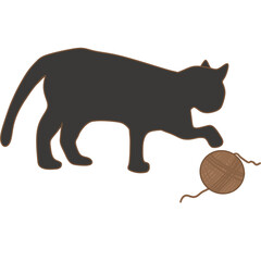 A simple silhouette illustration of a cat playing with a ball of yarn.The cat is in a playful pose, reaching out its paw toward the yarn, which is slightly unraveling. 