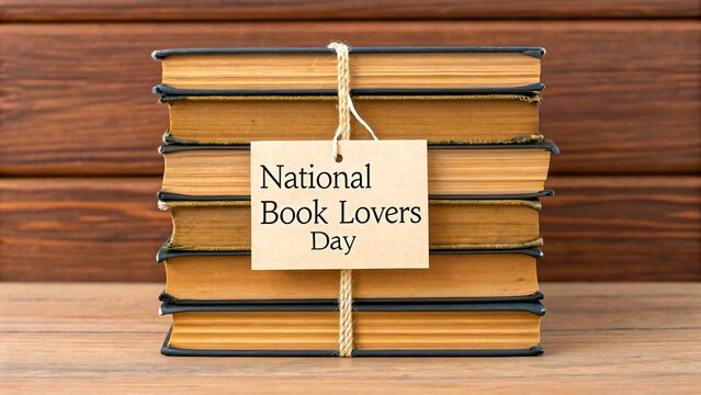  Stack of vintage books with national book lovers day tag on wooden background