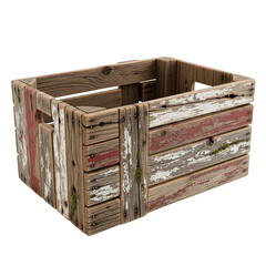 rural crate isolated on white background, wide view high detail wooden texture, realistic aged wood planks with nails, farm storage container cut out for transparent background PNG
