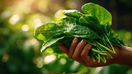 Fresh spinach leaves held in a hand, symbolizing healthy living.