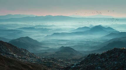 Misty mountain range with soft blue tones and distant peaks.