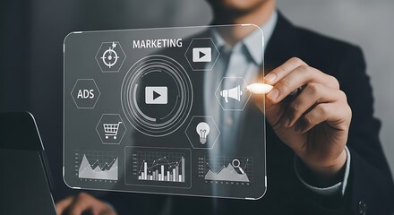 Businessman interacting with futuristic digital interface and video playback