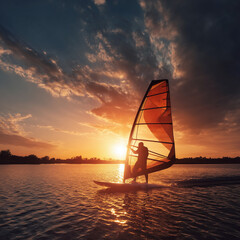 Silhouette of Windsurfer on Lake at Sunset - National Ride the Wind Day Concept 