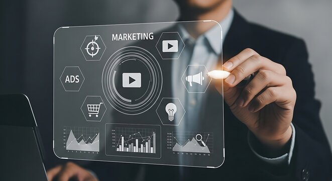 Businessman interacting with futuristic digital interface and video playback