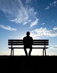 Silhouette of a Man Sitting on a Bench Under a Bright Blue Sky
