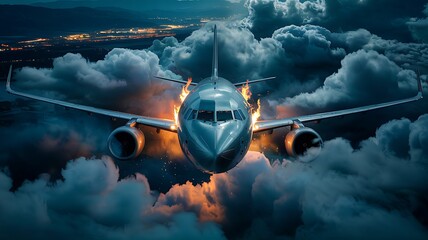 Dramatic aerial view of a commercial passenger jet airplane flying through stormy dark moody clouds at night with glowing engines and distant city lights below
