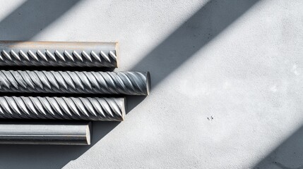 Reinforcement steel bars for building structures on textured grey surface with diagonal shadows