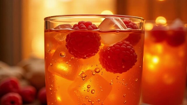 Refreshing golden raspberry drink with ice cubes in a stunning 4k video, perfect for summer, cocktails, and vibrant food content