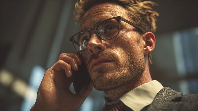 Intense young businessman on a critical phone call brow furrowed with focus amidst office stress captured in a tight