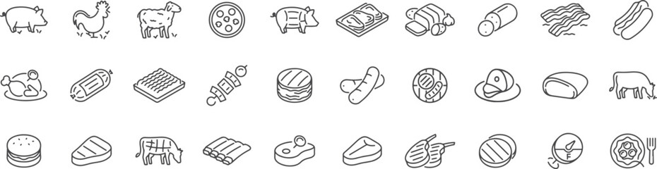 Meat and Animal Product Icons – Beef, Chicken, Sausage, Pork, Butcher Cuts, Grill Meat, Deli Products, Meat Packaging, Food Cuts   © Geetaroy