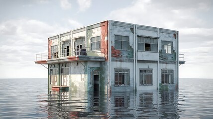 An abandoned decaying multi story building stands isolated in the middle of a vast ocean under a cloudy sky