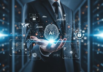 Vector art of businessman holding a glowing ai brain with futuristic digital interface