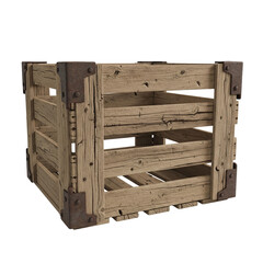 rural crate isolated on white background, wide view high detail wooden texture, realistic aged wood planks with nails, farm storage container cut out for transparent background PNG